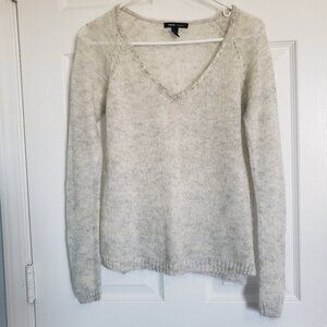 MNG Basics Deep V Knit Sweater Size S Wool Blend Gray Cream Lightweight SOFT